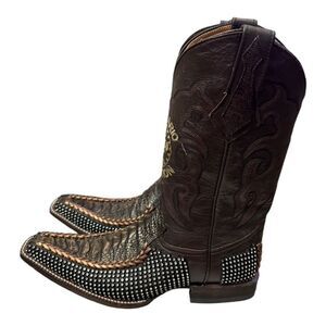 Centenario Collection Men's Ostrich Cowhide Rhinestone Cowboy Boots  7.5